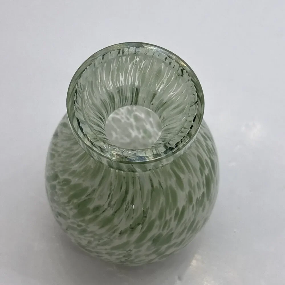 Vintage Spatter Art Glass Bud Vase Pale Green White Mottled Mini 4